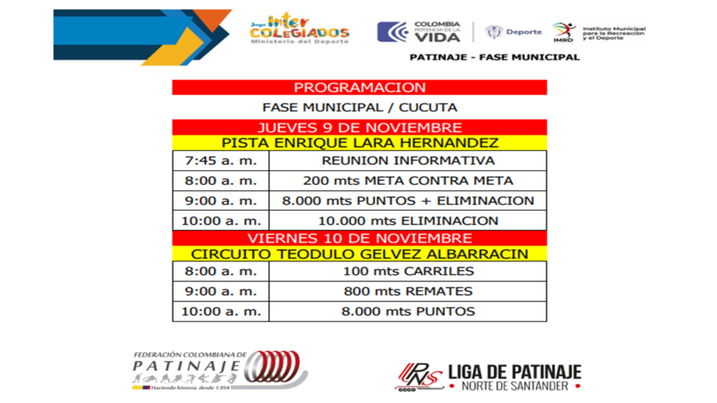 Fase municipal de patinaje en los Juegos Inter colegiados de Cúcuta se correrán los días 9 y 10 de noviembre